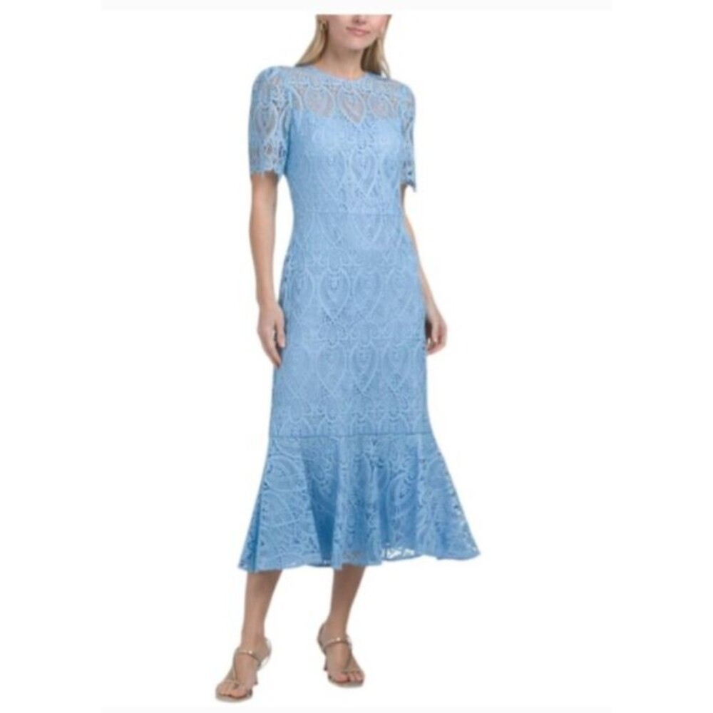 Shoshanna NWT Powder Blue Lace Midi Dress with Flared Hem